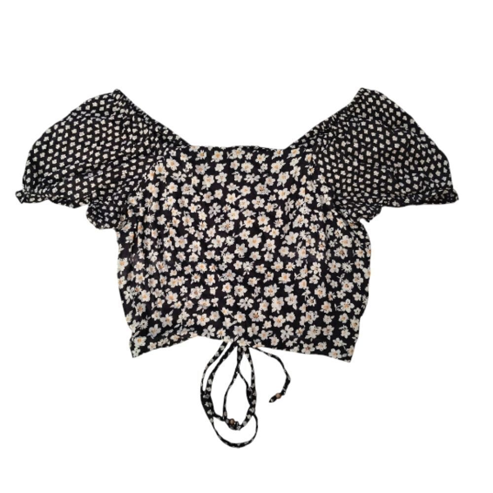 Angie Black Floral Lace Up Back Boho Cropped Top Medium - Picture 5 of 10